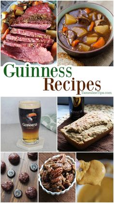 a collage of pictures with different foods and drinks in them, including meats