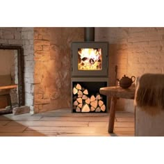 a wood burning stove in a living room