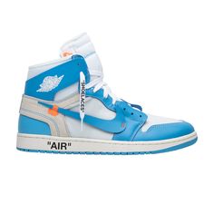 Find JORDAN Off-white X 1 Retro High Og 'unc on Editorialist. Inspired by Michael Jordan’s alma mater, the Off-White x Air Jordan 1 Retro High OG ‘UNC’ carries a classic two-tone composition, filtered through Virgil Abloh’s unique design prism. The process involves taking a white leather base with dark powder blue overlays and adding embellishments that convey an expressive, handmade quality. They include detached Wings, a floating Swoosh, and lines of text on the medial-side quarter panel delineating the taxonomy of the shoe. Off White Jordan 1, Jordan 1 Off White, Jordan 1 Blue, Jordan Off White, White Jordans, Jordan Shoes Girls, Nike Air Shoes, Jordan 1s, Air Jordan 1 Retro High Og