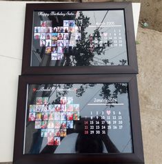 two framed pictures with photos on them in front of a tree