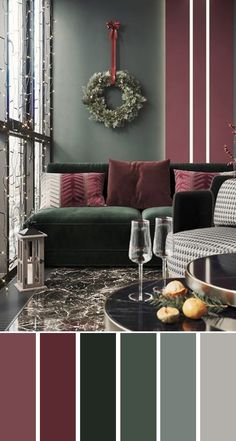 a living room filled with furniture and lots of color swatches in shades of green, red