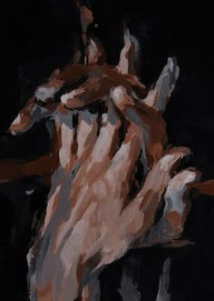 a painting of a person's hand holding something in their left hand, on a black background