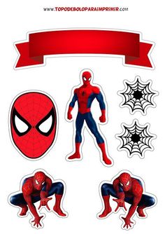 the spider man stickers are on display in front of a white background with red ribbon