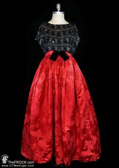 "BIG NEWS After 22 years, our website, TheFROCK.com, has had a makeover. Check out the new site, and join our mailing list for new arrivals.  Grand vintage Balenciaga ballgown with a decadently beaded black semi-sleeve bodice over a generous red silk damask skirt. Rear zipper, black velvet bow waist. The beaded overbodice has a bit of a relaxed blousy fit, the bodice interior measures bust 36.5\", the waist is 28\", and the length is 57\". Condition is excellent.  Layaway is available. ALL DELIV Taffeta Gown For Evening Gala, Red Silk Evening Dress For Party, Glamorous Short Sleeve Gown For Evening, Glamorous Short Sleeve Evening Gown, Evening Gown With Short Sleeves For Prom Season, Short Sleeve Evening Gown For Prom Season, Red Velvet Formal Evening Dress, Formal Red Velvet Evening Dress, Red Velvet Evening Dress For Formal Occasions