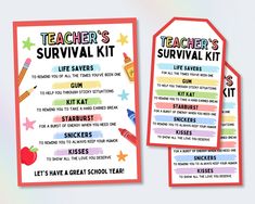 two teacher's survival kit cards with the text teachers survival kit written on them