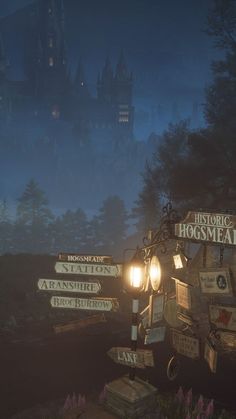 an image of a sign post in front of a castle with lots of signs on it