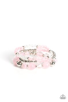 A mismatched assortment of glassy and opaque Gossamer Pink beads joins white crystal-like and dainty silver accents along stretchy bands around the wrist, resulting in dreamy layers.

 Sold as one set of three bracelets. Mobile Boutique, Mixed Metal Jewelry, Paparazzi Accessories, Black Necklace, Pink Beads, Paparazzi Jewelry, Pink Earrings, White Crystal, Butterfly Earrings