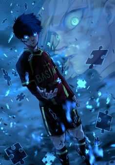 a man with blue hair standing in front of puzzle pieces