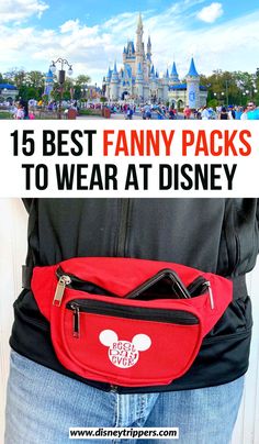 a person wearing a red fanny bag with the words, best fanny packs to wear at disney