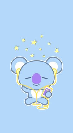 a cartoon koala holding a cell phone with stars on the back and blue background