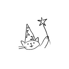 a black and white drawing of a cat wearing a party hat with stars on it