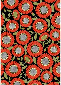 an orange and black flower pattern on a black background, with green leaves in the center