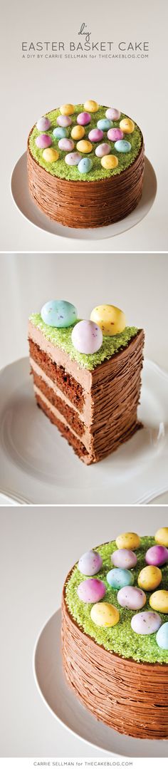 the cake is decorated with chocolate and colored eggs on it's side, along with green frosting