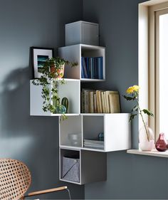 a shelf with books, plants and other things on it next to a window sill