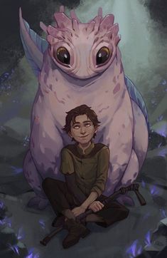 a young man sitting on the ground next to an enormous creature with large eyes and horns