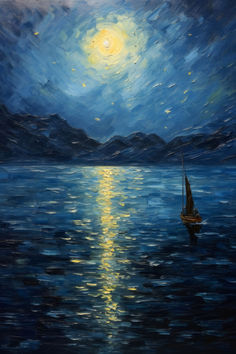 a painting of a sailboat in the ocean at night