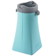 a blue and gray cup holder on a white background with the lid open to show it's handle