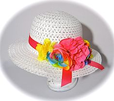 This big girls sun bonnet is a white woven hat with hot pink grosgrain ribbon that wraps the crown with tails in back.  A bouquet of rainbow roses, hot pink peony with a touch of glitter sparkle and bright yellow daffodils rest on the back brim.  The hat is perfect for Easter or a flower girl in a garden wedding!  This hat measures 22-1/2" at the crown with a 4" brim...be sure to measure head size mid forehead before ordering!  To view my entire collection of Girl's Hats click on this Section... Hot Pink Peony, Girls Sun Hat, Woven Hat, Easter Bonnet, Yellow Daffodils, Rainbow Roses, Straw Hats, Looking Forward To Seeing You, Pink Peony