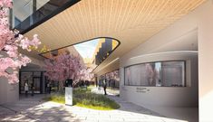 an artist's rendering of the entrance to a building with cherry trees in bloom