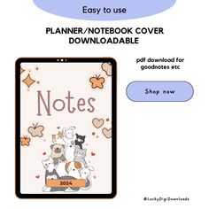 an image of a note book cover with cats and dogs on it, including the words notes