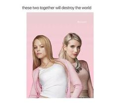 two women standing next to each other in front of a pink background with the caption, these two together will destroy the world