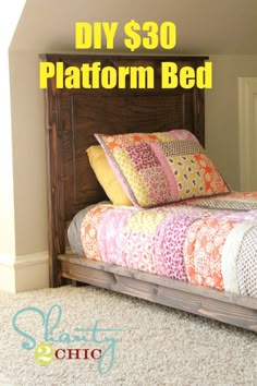 a bed frame made out of wood with the words diy $ 30 platform bed