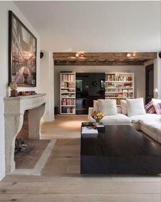 a living room filled with furniture and a fire place next to a wall mounted book shelf