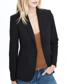 NWT Banana Republic brushed twill, single breasted blazer in Navy with Chalk Stripe (pinstripe).  Classic single breasted silhouette and fit.  Navy is a deep, dark, muted classic navy - almost black.  Has a bit of stretch.  Two front flap pockets. Three buttons at cuff.  Lined.  Retail: $198 Material:  Outer twill is 69% polyester, 29% viscose, 2% spandex.  Lining is 95% polyester with 5% spandex.  Machine Washable! Size:  U.S. Size 4, fits true to size Condition:  New With Tags Stripe Blazer, Maxi Jumpsuit, Pirate Woman, Fashion Business Casual, Striped Blazer, Modern Outfits, Summer Dresses For Women, Women's Fashion Dresses, Suits For Women