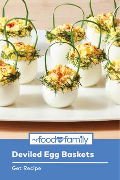 deviled egg baskets on a plate with text overlay