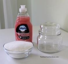 a bottle of dawn next to a bowl of sugar and a container of dish soap