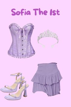 a purple corset, high heeled shoes and headband with the words sofia the 1st on it