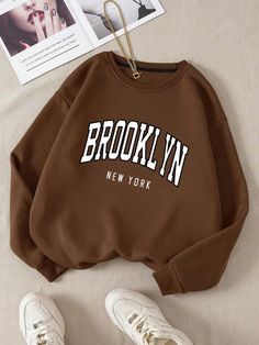 SHEIN LUNE Letter Graphic Thermal Lined Sweatshirt | SHEIN USA Coffee Brown Color, Women Sweatshirts, Coral Orange, Coffee Brown, Brooklyn New York, Girl Sweatshirts, Green Fashion, Long Sleeve Casual