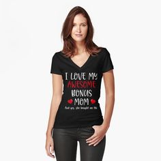 a woman wearing a black v - neck shirt that says i love my awesome mom