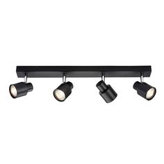 three spotlights are mounted on the ceiling in an industrial style lighting fixture with black finish