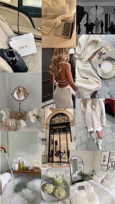 the collage shows many different things that are in this photo, including white furniture and accessories