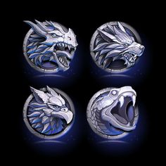 four silver dragon emblems on black background