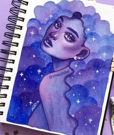 a drawing of a woman's face with stars in the sky above her head