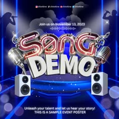 an advertisement for a show with speakers and microphones in front of the words send demo