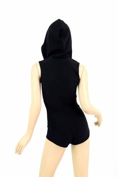 "This item is made to order, please read all the way through the listing before purchasing! This suit is made of a soft, super stretchy lycra knit fabric. Sleeveless, full hood, and boy cut legs. Four way stretch for a figure forming fit. This bodysuit is unlined. The hood is lined in RED sparkly metallic. Womens Sizing (See below for instructions on where measurements should be taken) XXS: Bust 29\"-30\" / Waist 22\"-23\" / Hips 30\"-32\" Extra Small: Bust 31\"-32\" / Waist 24\"-25\" / Hips 33\ Fitted Top With Drawstring Hood For Streetwear, Sporty Stretch Hooded Vest, Fitted Black Hoodie For Sports, Fitted Top With Drawstring Hood, Fitted Cotton Top With Adjustable Hood, Fitted Vest For Streetwear Athleisure Style, Black Fitted Hoodie With Drawstring, Fitted Athleisure Vest For Streetwear, Sporty Fitted Hooded Tops