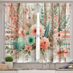 the kitchen curtains are decorated with colorful flowers