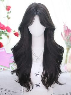 Get the perfect black-brown curtain bangs look with our long wavy synthetic wig! This wig is designed to give you a natural and effortless style, featuring luscious waves and trendy curtain bangs. Made from high-quality synthetic materials, this wig is easy to style and maintain.   Please note that this product includes only the wig. Garment SizeSizeFree SizeHair Length65 Long Black Hair With Curtain Bangs, Long Wavy Hair With Bangs, Cute Black Hair, Trendy Curtain Bangs, Black Hair Wig, Pretty Hair Cuts, Black Long Hair, Cool Hair Designs, Hair Style Korea