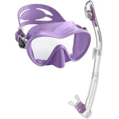 a purple diving mask and snorkels on a white background