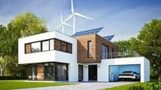 an artist's rendering of a modern house with wind turbines