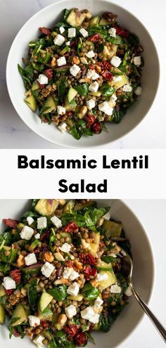 two bowls filled with salad and topped with feta cheese, lettuce, and other toppings