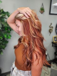 Peekaboo Hair Color Copper, Blonde To Copper Balayage, Copper Hair With Blonde Peekaboos, Blonde With Copper Peekaboo, Cowboy Copper With Blonde Highlights, Copper Peekaboo, Copper With Highlights, Cowboy Copper Hair With Blonde, Copper With Blonde Highlights