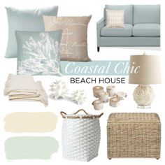 coastal chic beach house mood board with neutrals and blues in the living room