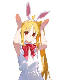 an anime character with long blonde hair wearing bunny ears and a bow tie, holding her hands up in the air