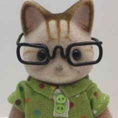 a small stuffed animal with glasses on it's head and wearing a green shirt