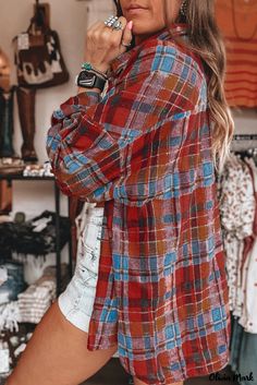 Olivia Mark - Vintage Shirt in Vibrant Orange and Plaid Print Denim Short Jumpsuit, Drop Sleeve, Loose Shirt, Orange Plaid, Jeans Leggings, Pinterest Closet, Loose Shirts, Plaid Design, Denim Leggings