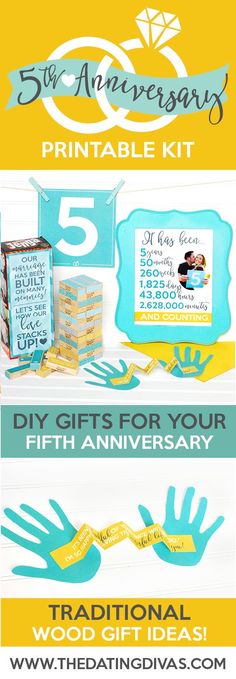 the 5th anniversary gift set is shown in blue and yellow